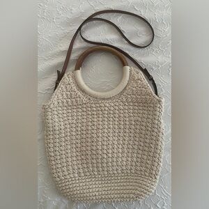 Zara Cream Crochet Crossbody Bag, Brown Strap wooden handle